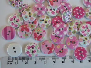 25 Pink Shades Mixed floral gingham buttons 15mm White back 2 holes