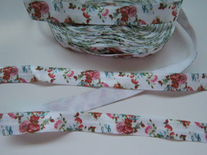 5m Pink and Red Roses floral print white Fold Over Elastic FOE Foldover 15mm