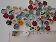 Load image into Gallery viewer, 25 Mixed print- floral, music, heart, animal, cat, butterfly, dream 15mm buttons