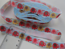 Load image into Gallery viewer, 5 yards/ 4.6m Elephant print on blue  Fold Over Elastic FOE Foldover elastic 15mm