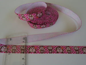 5 yards (4.5m approx) Monkey Print on pink with white spot Fold Over Elastic FOE Foldover15mm