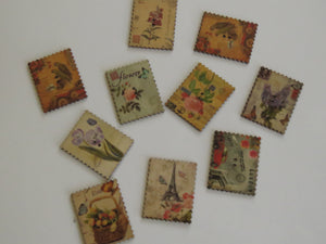 10 Postage Stamp Paris Floral Vintage Theme 2 holes 35 x 30mm