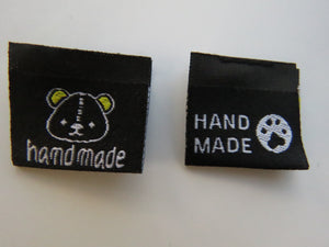 25 Bear Print Handmade and/or Bear Paw Handmade Black woven labels 24x22mm