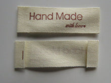 Load image into Gallery viewer, 25 Handmade with Love in red font with heart 100% Cotton labels 50mm x 15mm