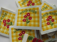 Load image into Gallery viewer, 10 Yellow Gingham Red Flower Woven Hand Made labels 40mm wide x 30mm high approx.