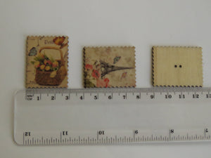 9 Postage Stamp Paris Floral Vintage Theme 2 holes 35 x 30mm