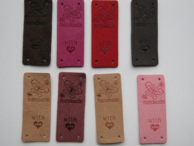 10 Mixed Colour PU Leather  Butterfly Handmade Foldable Labels and With (heart symbol) Love on other side. 50x 20mm