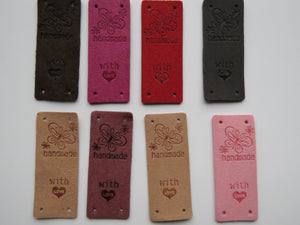 10 Mixed Colour PU Leather  Butterfly Handmade Foldable Labels and With (heart symbol) Love on other side. 50x 20mm