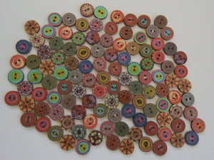 15mm Bright Print Retro vintage buttons 2 holes- Choose set of 25, 50 or 100 from menu