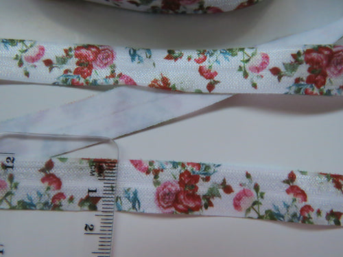 1m Pink and Red Roses floral print white Fold Over Elastic FOE Foldover 15mm