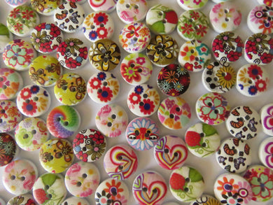 25 Bright floral print buttons 15mm White back 2 holes