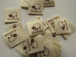 25 Handmade with heart and Sheep Cotton Flag Labels 2 x 2cm folded