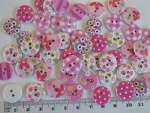Load image into Gallery viewer, 25 Pink Shades Mixed floral gingham buttons 15mm White back 2 holes