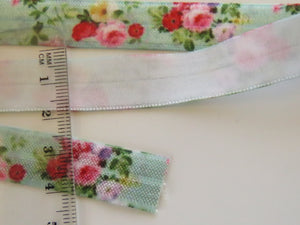 5m Pink and  Red Roses on Green Fold over FOE Foldover Elastic 15mm wide