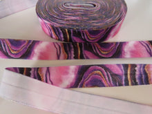Load image into Gallery viewer, 2m Purple black and Gold marbled abstract swirl Fold Over Elastic FOE Foldover elastic 15mm