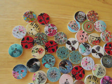 Load image into Gallery viewer, 25 Mixed print- floral, music, heart, animal, cat, butterfly, dream 15mm buttons