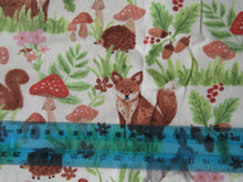 Load image into Gallery viewer, 1.5m Woodland print with fox, rabbit, hedgehog and mushrooms print organic cotton spandex jersey knit fabric 150cm