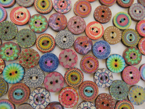 15mm Bright Print Retro vintage buttons 2 holes- Choose set of 25, 50 or 100 from menu