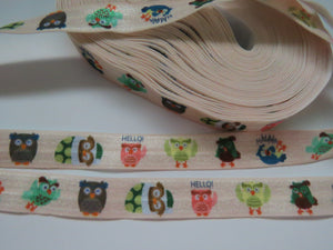 1m Owl Print on Cream Fold over FOE Foldover Elastic 15mm