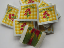 Load image into Gallery viewer, 10 Yellow Gingham Red Flower Woven Hand Made labels 40mm wide x 30mm high approx.