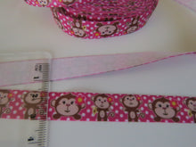 Load image into Gallery viewer, 5 yards (4.5m approx) Monkey Print on pink with white spot Fold Over Elastic FOE Foldover15mm