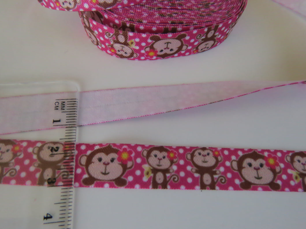 5 yards (4.5m approx) Monkey Print on pink with white spot Fold Over Elastic FOE Foldover15mm