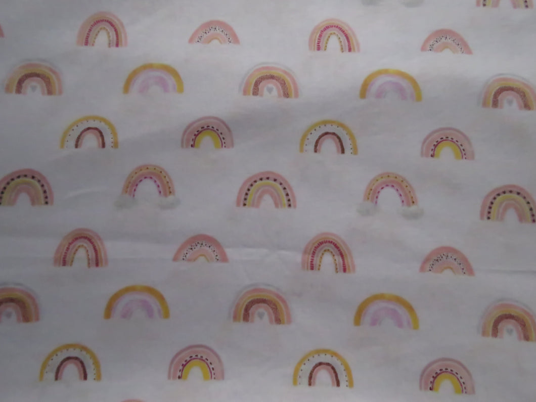 1m Rainbows on white  100% organic cotton jersey knit 112cm