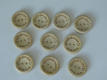 Load image into Gallery viewer, 50 x 15mm Handmade with Love and 2 hearts 15mm buttons