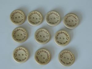 50 x 15mm Handmade with Love and 2 hearts 15mm buttons