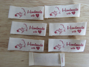 10 Cat Playing with Wool Handmade with Heart cotton labels 45 x 15mm