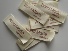 Load image into Gallery viewer, 25 Handmade with Love in red font with heart 100% Cotton labels 50mm x 15mm