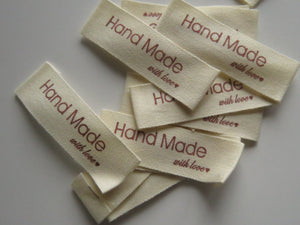 25 Handmade with Love in red font with heart 100% Cotton labels 50mm x 15mm