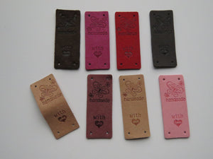 10 Mixed Colour PU Leather  Butterfly Handmade Foldable Labels and With (heart symbol) Love on other side. 50x 20mm