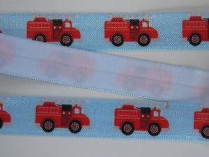 2m Fire Engine print with blue background Fold Over Elastic FOE Foldover 15mm
