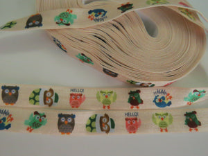 1m Owl Print on Cream Fold over FOE Foldover Elastic 15mm