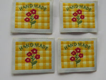 Load image into Gallery viewer, 10 Yellow Gingham Red Flower Woven Hand Made labels 40mm wide x 30mm high approx.