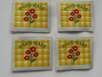 25 Yellow Gingham Red Flower Woven Hand Made labels 40mm wide x 30mm high approx.