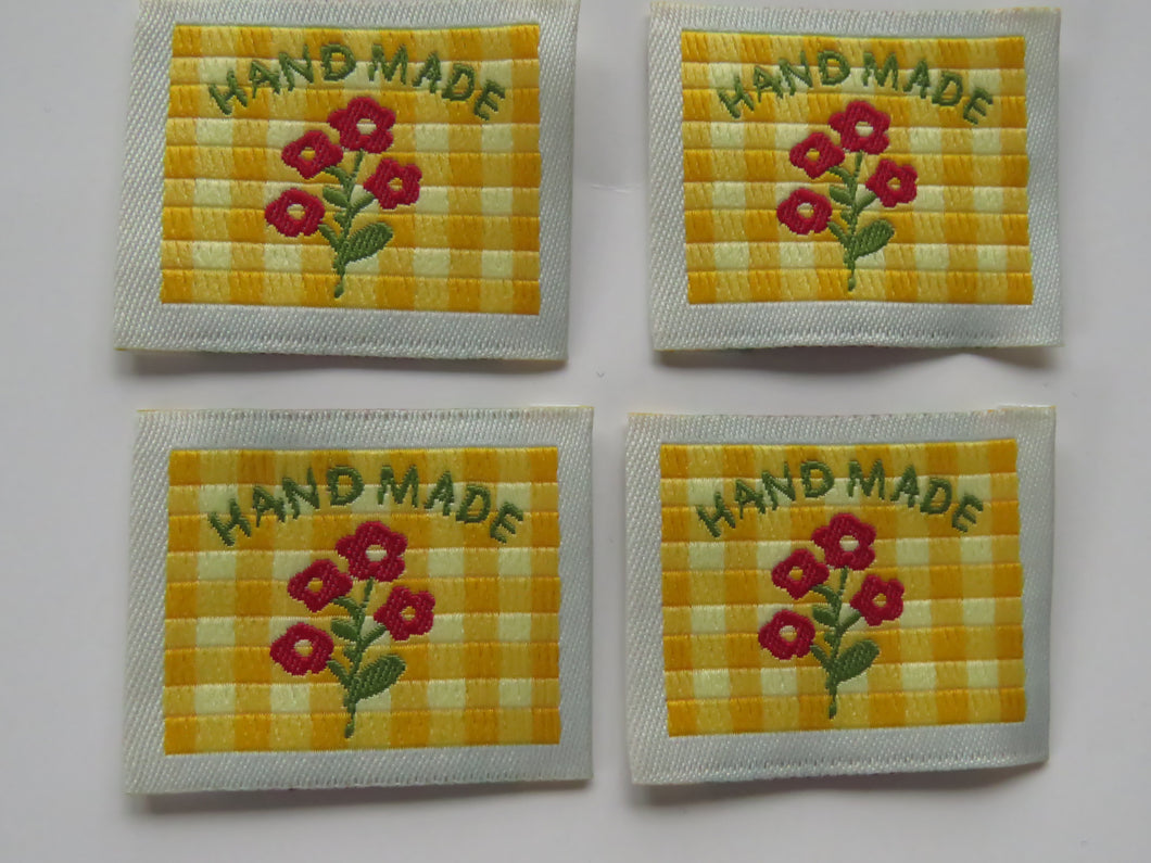 25 Yellow Gingham Red Flower Woven Hand Made labels 40mm wide x 30mm high approx.