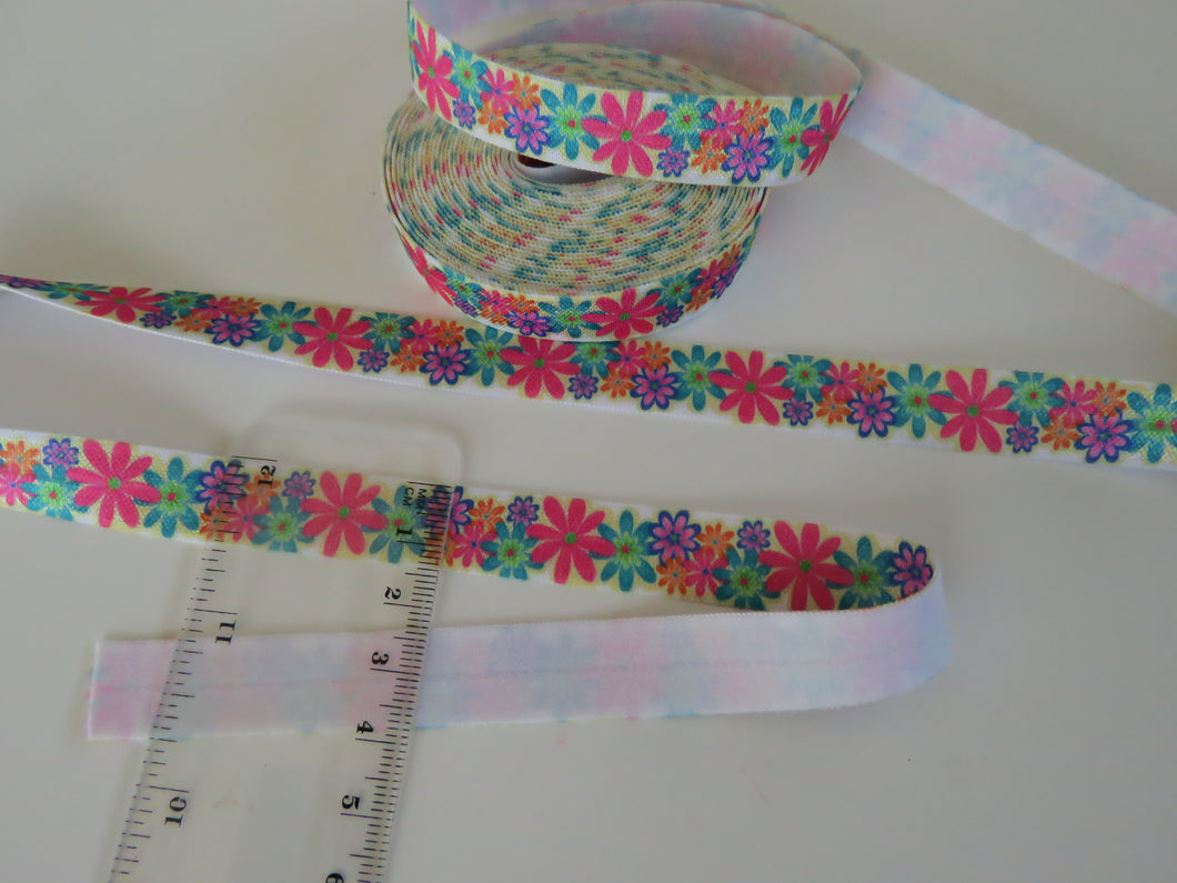 5 yards (4.5m approx). Blue Green pink Flowers Print Fold Over Elastic FOE Foldover15mm