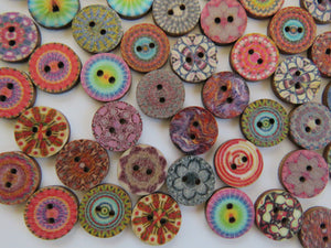 15mm Bright Print Retro vintage buttons 2 holes- Choose set of 25, 50 or 100 from menu