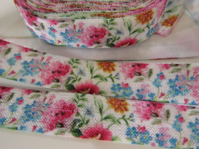 2m Blue pink and Gold floral print on white Fold Over Elastic FOE Foldover elastic 15mm