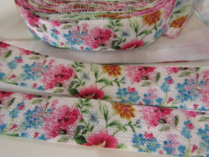 2m Blue pink and Gold floral print on white Fold Over Elastic FOE Foldover elastic 15mm