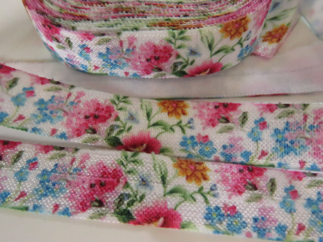 2m Blue pink and Gold floral print on white Fold Over Elastic FOE Foldover elastic 15mm