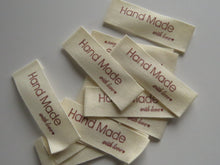 Load image into Gallery viewer, 25 Handmade with Love in red font with heart 100% Cotton labels 50mm x 15mm