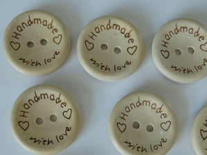 50 x 20mm Handmade with Love and Hearts Buttons 20mm