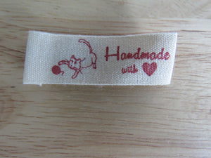 10 Cat Playing with Wool Handmade with Heart cotton labels 45 x 15mm