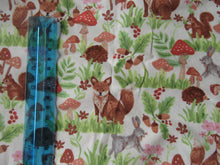 Load image into Gallery viewer, 1.5m Woodland print with fox, rabbit, hedgehog and mushrooms print organic cotton spandex jersey knit fabric 150cm