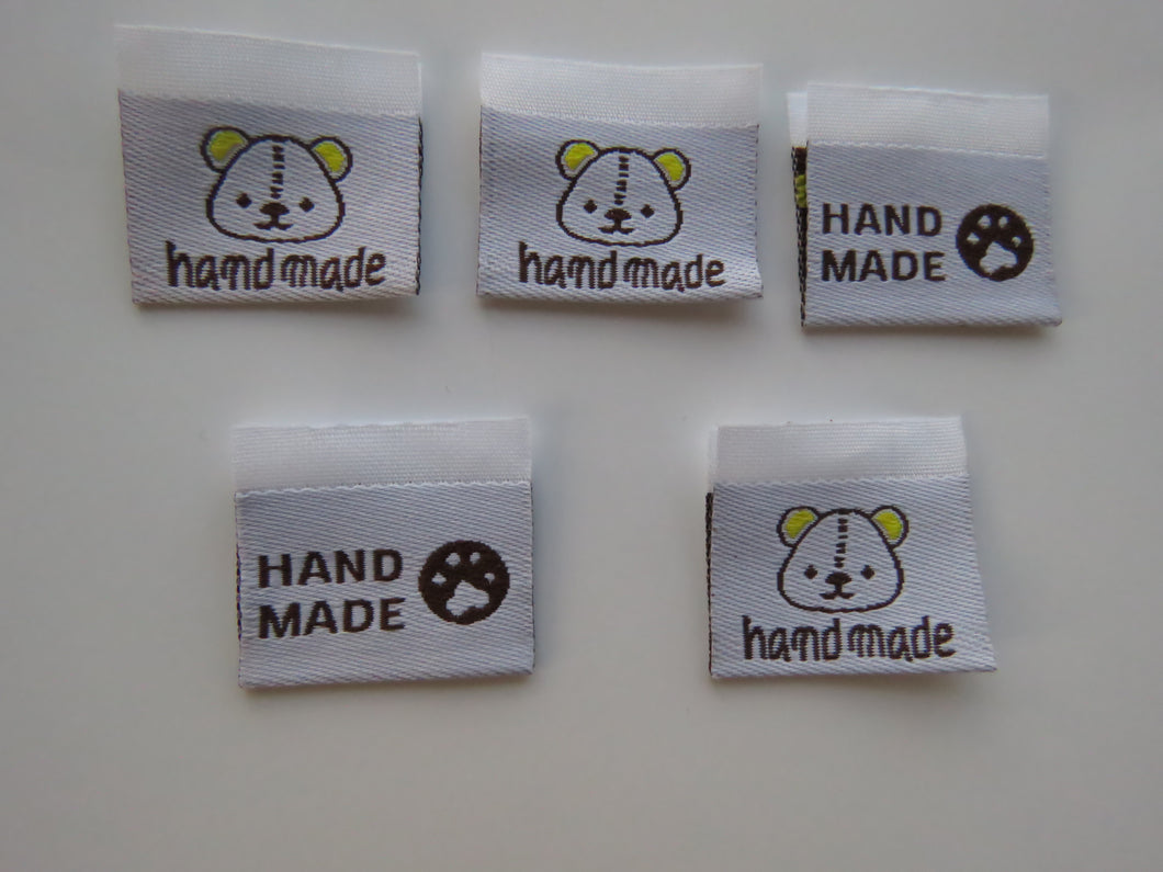 10 Bear Print Handmade and/or Bear Paw Handmade White woven labels 24x22mm