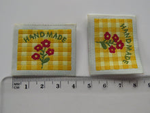 Load image into Gallery viewer, 10 Yellow Gingham Red Flower Woven Hand Made labels 40mm wide x 30mm high approx.