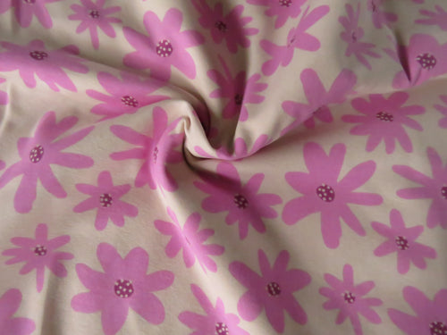 1.35m Dark Pink flower on pale pink background organic cotton spandex jersey knit 150cm